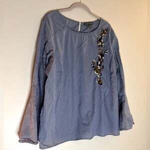 Alexander Jordan - XL - Striped Bell-Sleeved Blouse with Flower Embroidery